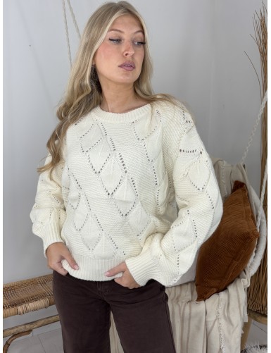 Pull col rond à motif beige...