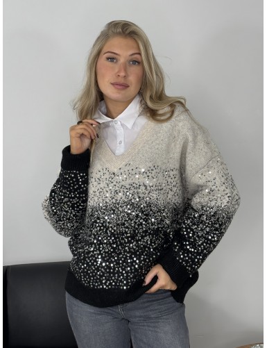 Pull col V à sequins noir...