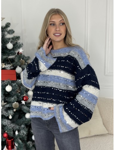 Pull ligné à sequins bleu...