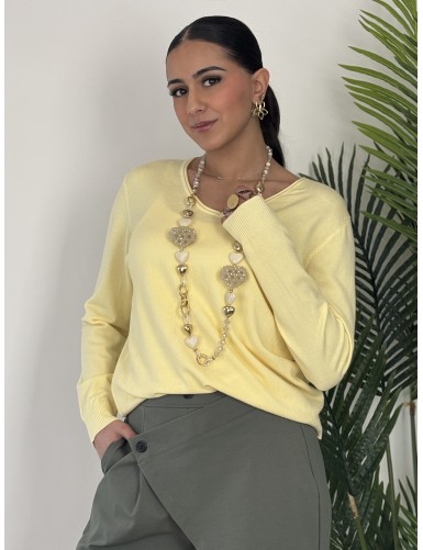 Pull col v uni jaune Vera