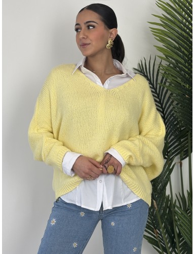Pull col v uni jaune Paula