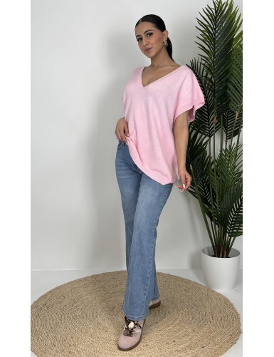 Pull col V sans manche rose...