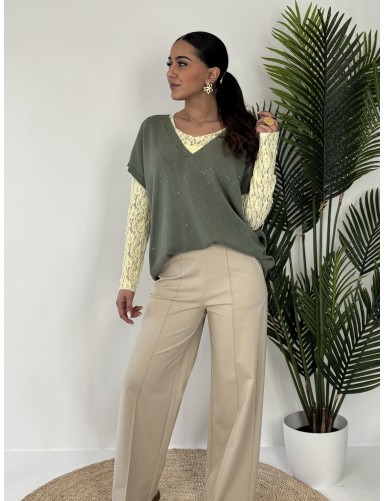 Pull col V sans manche kaki...