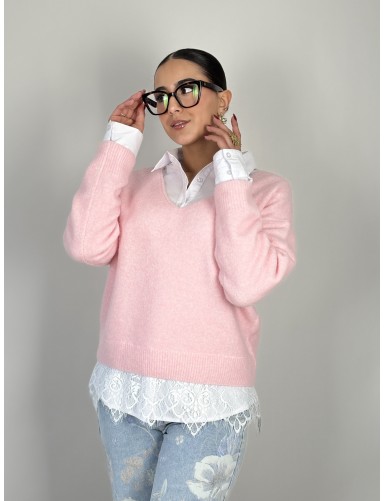Pull col V à dentelles rose...
