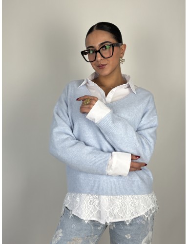 Pull col V à dentelles bleu...