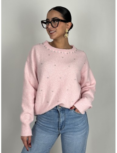 Pull col rond à strass rose...