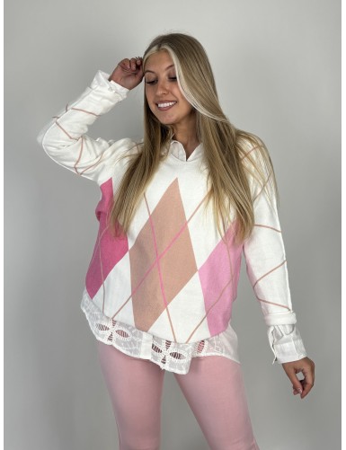 Pull col V à losanges roses...